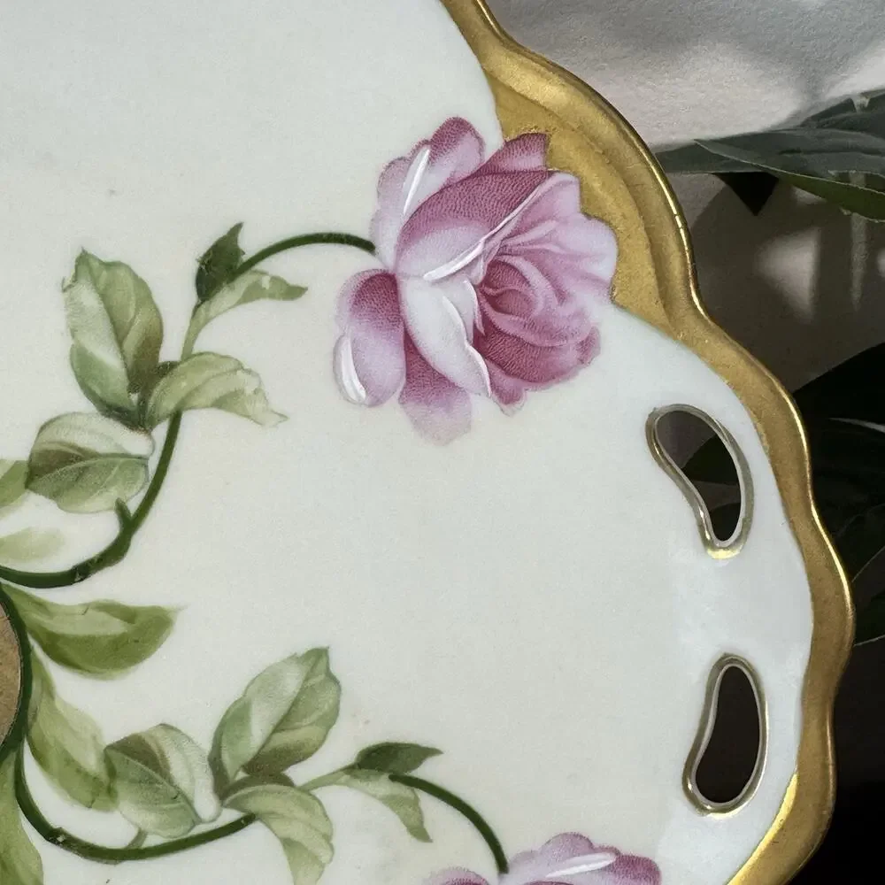 Antique M&Z Austria Hand Painted Pink Rose Cake Plate Gold Gilt Tray Handled